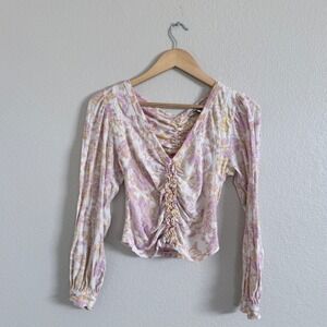 Vintage Y2K Free People Ruched Floral Long Sleeve V Neck Top Women's Small
